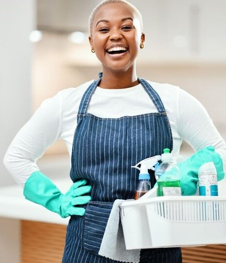 laughing portrait black woman with cleaning bucket home service working dirt smile start african worker house with product housekeeping pride cleaner uniform 590464 203007